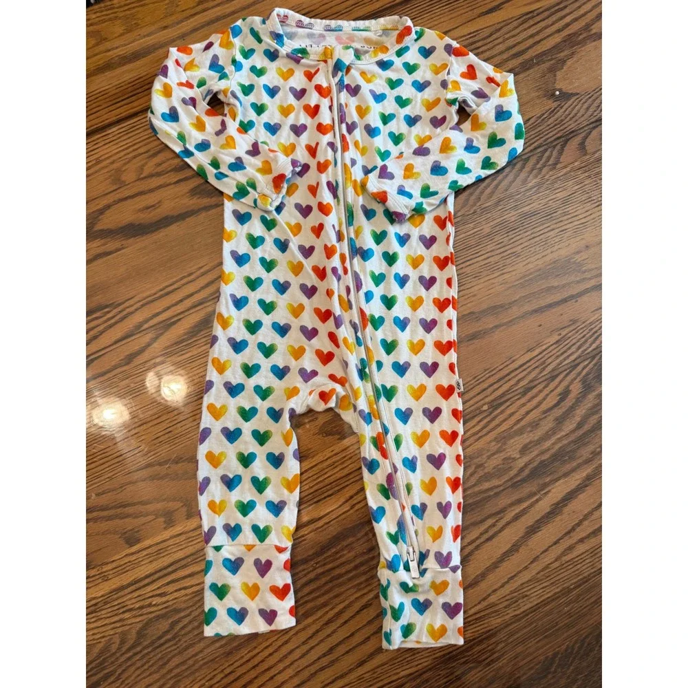Little Bum Bums Sleeper Kids 9-12 Months Rainbow Heart Bamboo Viscose Zip Romper